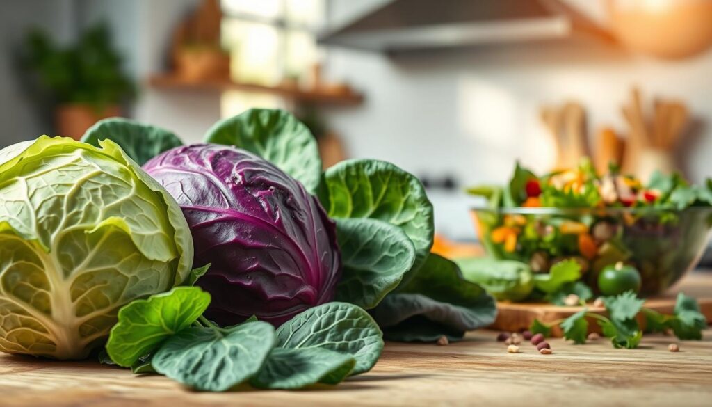 A visually striking composition highlighting the health benefits of a cabbage diet. In the foreground, a vibrant assortment of fresh cabbages – green, purple, and savoy – arranged artistically on a wooden surface. In the middle ground, a bowl of cabbage soup and a colorful salad showcasing various vegetables and grains, emitting a sense of freshness and vitality. The background features a softly blurred kitchen setting with warm, natural lighting streaming through a window, creating an inviting and healthy atmosphere. The scene captures the essence of wellness, with a focus on nourishment and vitality. Aim for a clean, professional look that resonates with health-conscious readers, showcasing the power of the cabbage diet in a wholesome and appealing manner.
