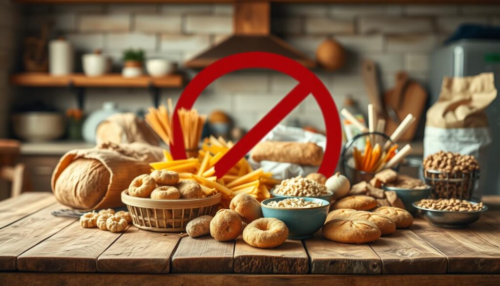 A visually striking composition showcasing various gluten-containing products to avoid on a gluten-free diet. In the foreground, display a rustic wooden table adorned with a variety of recognizable items such as loaves of wheat bread, pasta, pastries, and cereals. In the middle ground, include a soft, blurred backdrop of a cozy kitchen setting, with warm, natural lighting illuminating the scene, creating an inviting atmosphere. The focus should be on the gluten-rich foods, artistically arranged to highlight their textures and colors. The lens should capture the image from a slightly overhead angle to provide a comprehensive view, giving a sense of depth. The mood should be earnest and informative, aiming to reflect the importance of dietary choices.