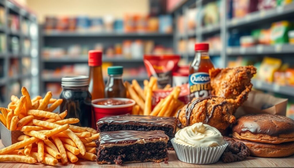 A visually striking image depicting unhealthy foods to avoid in a liver-friendly diet. In the foreground, arrange a collection of deep-fried items such as crispy french fries and fried chicken, alongside rich desserts like chocolate cake and creamy pastries, each detailed to emphasize their grease and heaviness. The middle layer features oily sauces, sugary drinks, and processed snacks, with a muted color palette to convey unhealthiness. The background subtly illustrates a blurred grocery store aisle with unhealthy food products on the shelves. Use soft, diffused lighting to create a somber mood, highlighting the contrast between the foreground and the neutral background. The angle should be slightly angled, offering a dynamic view of the unhealthy items.