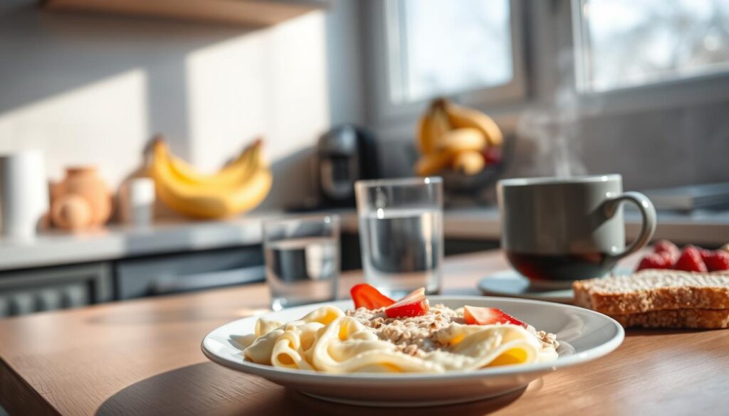 A well-lit breakfast table set in a cozy kitchen, showcasing a variety of light and healthy breakfast options suitable for individuals preparing for an ultrasound. In the foreground, a beautifully arranged plate featuring soft scrambled eggs, a small serving of oatmeal topped with fresh fruit, and a slice of whole-grain toast. In the middle, a glass of clear water and a steaming cup of herbal tea. The background includes a window with natural sunlight streaming in, illuminating the fresh fruits like bananas and berries on the counter. A serene atmosphere with a soft-focus effect, captured at eye level, evoking a sense of calm and healthfulness. The colors are bright and inviting, highlighting a wholesome and diet-friendly breakfast spread.