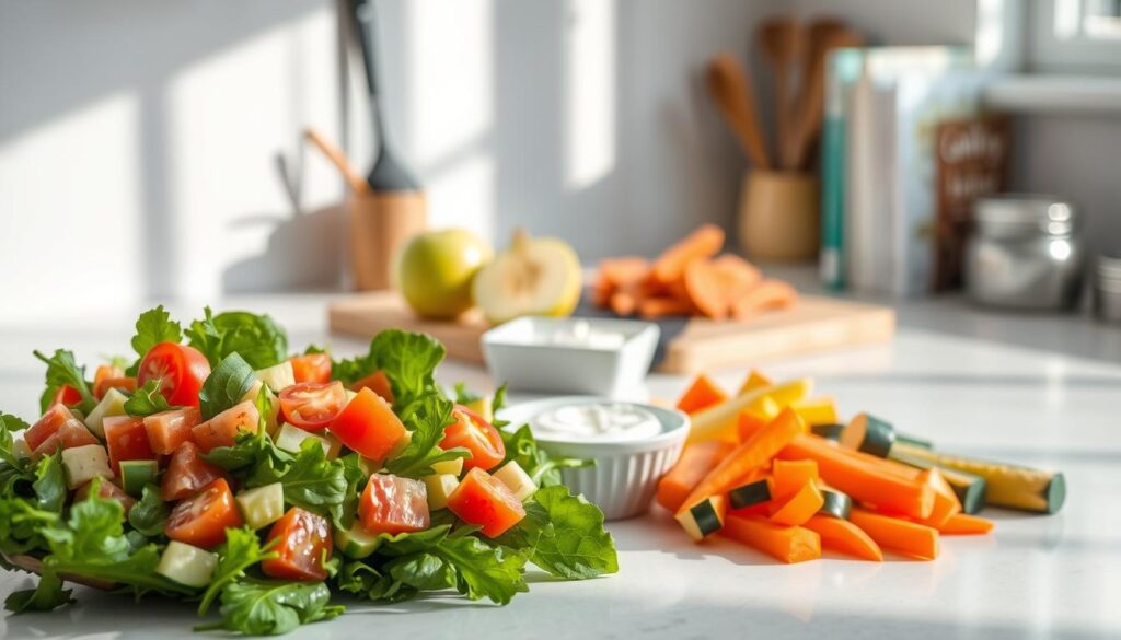 A well-lit kitchen countertop with a variety of healthy foods arranged neatly. In the foreground, a colorful salad made with spinach, diced tomatoes, cucumbers, and avocado drizzled with olive oil. Next to it, a small bowl of plain yogurt and a portion of steamed carrots and zucchini. In the middle, a cutting board with chopped fruits like apples and bananas. The background features soft natural light coming through a window, casting gentle shadows, with kitchen utensils and cookbooks subtly blurred. The scene conveys a fresh, health-conscious atmosphere, suitable for a post-surgery dietary focus, illustrating what to eat after gallbladder removal.