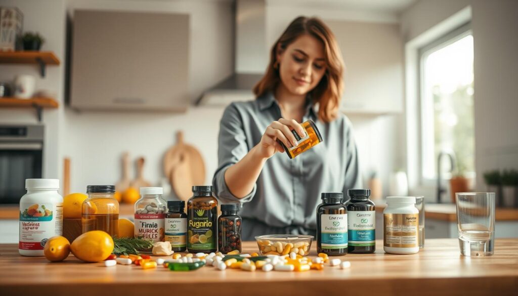 A well-lit, modern kitchen as the background, with soft natural light streaming in through a window. In the foreground, a diverse selection of dietary supplements such as vitamins, minerals, and herbal capsules neatly arranged on a wooden countertop. Include elements like a fresh fruit bowl and a glass of water to convey healthiness. In the middle ground, a professional-looking woman in modest casual clothing is pouring a supplement from a bottle into her hand, showcasing the act of using dietary supplements. The atmosphere feels vibrant and wellness-oriented, emphasizing a healthy lifestyle. Use a slightly angled perspective to capture the depth of the kitchen, focusing on the supplements and the woman while maintaining a balanced composition.