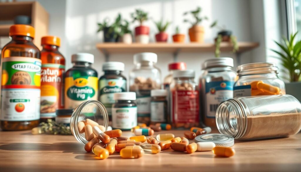 A well-organized arrangement of various dietary supplements displayed on a wooden table, including vibrant bottles, capsules, and powders in clear jars. In the foreground, a close-up of a few capsules spills over the edge of a jar, glinting under soft, diffused natural light. The middle background features neatly labeled bottles of vitamins and minerals, including herbs, all showcasing diverse colors and textures. The scene is set in a bright, airy kitchen with plants casually placed on a shelf to enhance the natural theme. Overall, the atmosphere conveys a sense of health and vitality, inviting viewers into an informative exploration of dietary supplements. Ensure no text, labels, or human figures are present in the image.
