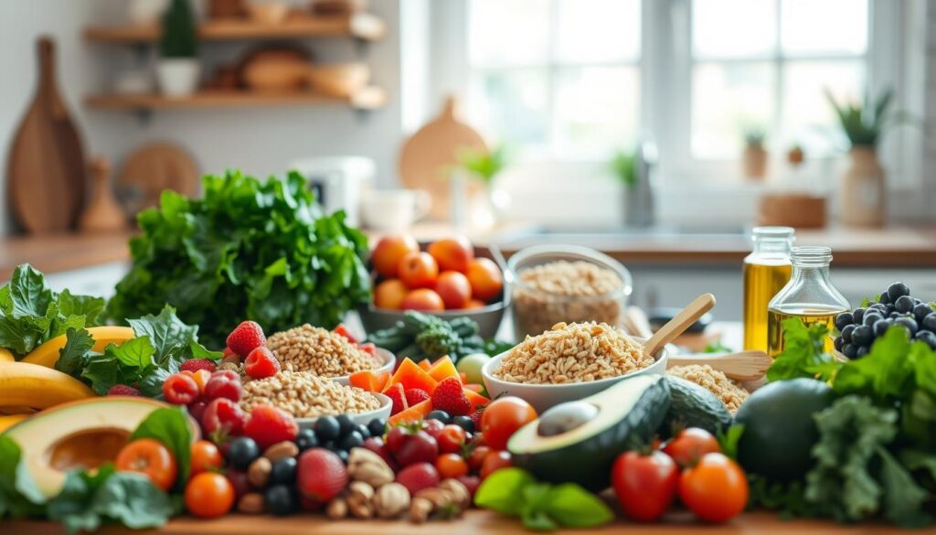 A well-organized diet plan for individuals with high cholesterol, featuring a beautifully arranged table of heart-healthy foods. In the foreground, display an array of colorful fruits and vegetables such as leafy greens, vibrant berries, and ripe avocados. The middle ground should include whole grains like quinoa and brown rice, along with healthy fats such as nuts and olive oil. The background can softly blur a kitchen setting with natural light streaming in through a window, creating a warm and inviting atmosphere. The composition should emphasize freshness and vitality, evoking a sense of well-being. Use a soft focus lens to enhance the inviting mood, with a warm color palette that accentuates the natural colors of the food.