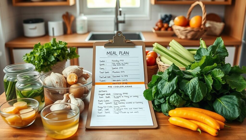 A well-organized kitchen setting showcasing healthy foods that are appropriate for a pre-colonoscopy diet. In the foreground, a wooden table laden with a variety of items: clear broths, boiled chicken, potato skins, and leafy greens in vibrant colors. In the middle, a gentle focus on a well-written meal plan displayed on a clipboard, with a fresh fruit basket nearby. The background features soft, natural lighting filtering through a window, accentuating the clean and inviting atmosphere. The composition should evoke a sense of calm preparation and awareness, with an emphasis on cleanliness and health. Ensure the overall image reflects careful dietary choices, with no human figures present.