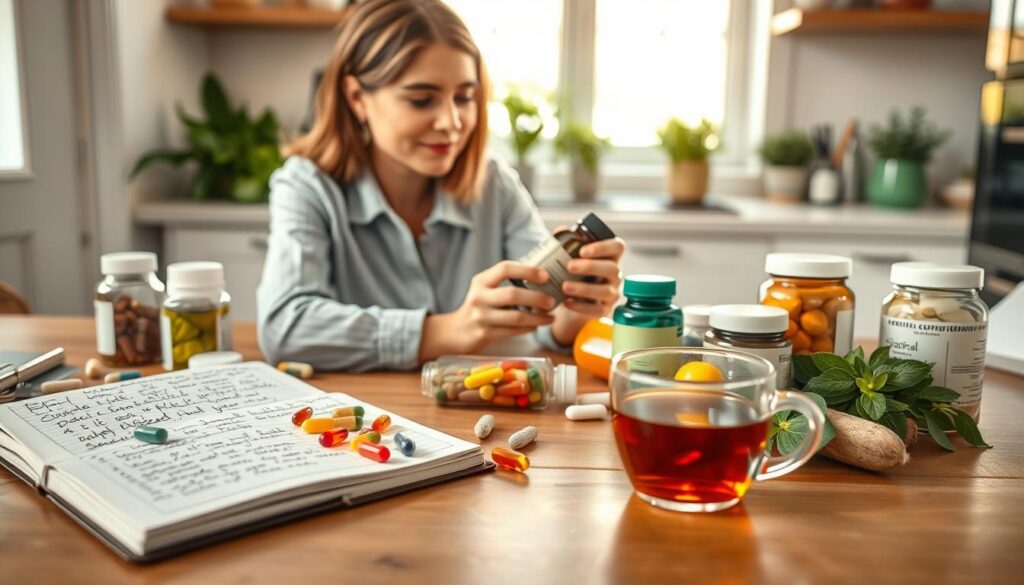 A well-organized workspace featuring a wooden table topped with various dietary supplements, such as colorful capsules, bottles, and jars. In the foreground, place an open notebook with handwritten notes about the benefits of these supplements, alongside a cup of herbal tea. In the middle, include a professional woman in modest casual clothing, examining a supplement bottle with a thoughtful expression, embodying a sense of curiosity and health-consciousness. The background should showcase a softly lit kitchen with green plants, suggesting a healthy lifestyle. Gentle natural light filters through a window, creating a warm, inviting atmosphere that emphasizes wellness and vitality. The composition should feel balanced and focused, drawing the viewer into the subject of dietary supplement efficacy.