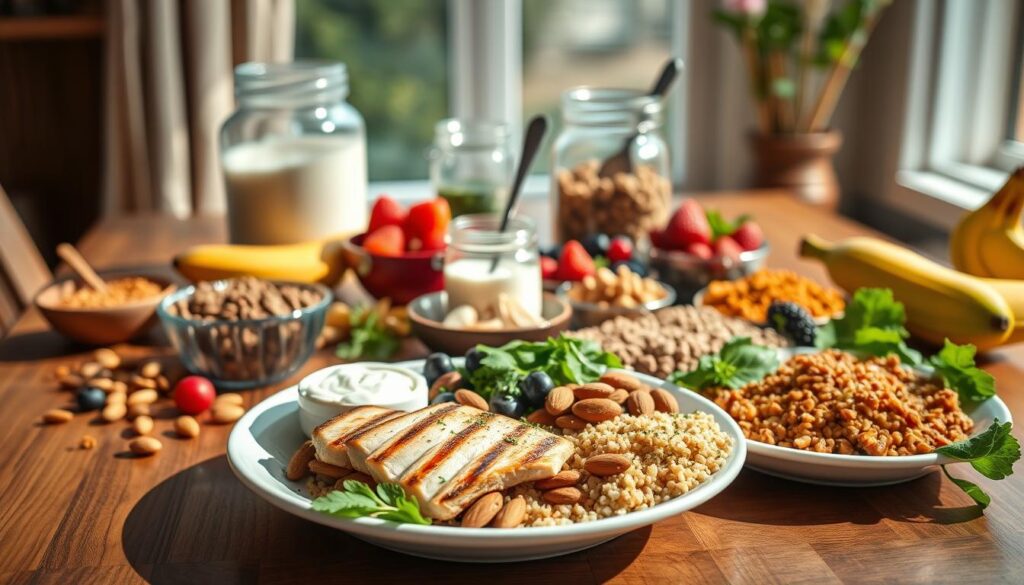 An appealing, well-arranged high-protein meal plan spread on a wooden table. In the foreground, a colorful plate showcases a variety of high-protein foods like grilled chicken breast, quinoa, leafy greens, lentils, almonds, and Greek yogurt, artfully garnished with herbs. In the middle background, a glass jar filled with protein powder, measuring spoons, and vibrant fruits like berries and bananas create an inviting atmosphere. Natural sunlight filters through a nearby window, casting soft shadows and enhancing the warmth of the scene. The composition conveys a healthy lifestyle, emphasizing the importance of nutrition in muscle building, with an organized and aesthetic layout that invites viewers to explore the delicious, protein-rich options.