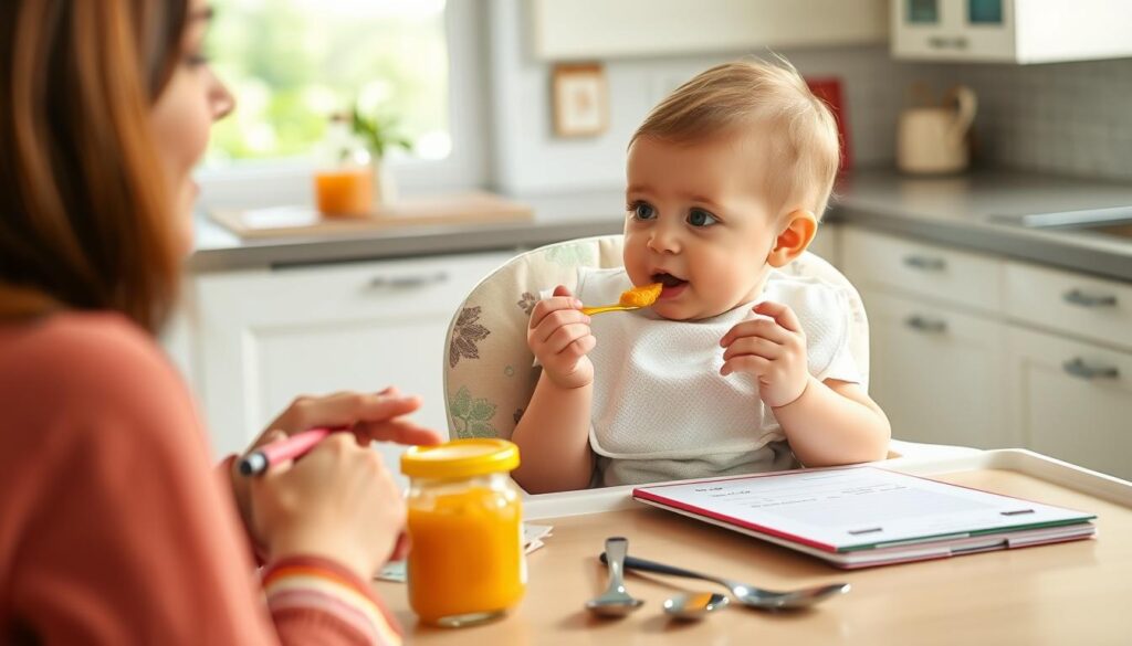 An infant sitting in a high chair, exploring new foods during mealtime. The baby, wearing a cute bib, shows a curious expression as they taste a small spoonful of mashed vegetables. In the foreground, a caregiver, dressed in a comfortable, modest outfit, attentively watches the child, jotting down notes on a clipboard. The middle ground features a colorful array of baby food jars and spoons scattered around, emphasizing the variety of new foods being introduced. In the background, a bright, inviting kitchen setting with soft, natural light streaming in through a window creates a warm, nurturing atmosphere. The overall mood is one of joy and exploration, highlighting the gentle process of monitoring a child's reactions to new tastes.