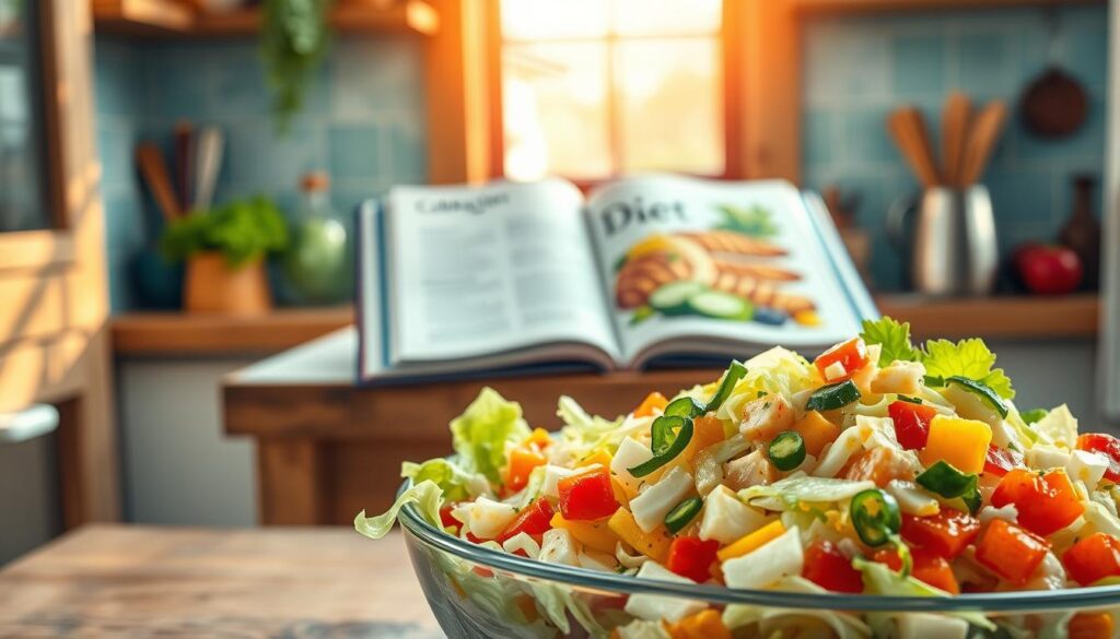 In a vibrant kitchen setting, a healthy meal featuring a large bowl of cabbage salad takes center stage. The foreground showcases the colorful ingredients, with crisp, fresh cabbage leaves, diced vegetables like bell peppers and cucumbers, and a light vinaigrette drizzled over the top. In the middle background, a rustic wooden table holds a cookbook opened to a page titled "Cabbage Diet", with other healthy meal preparations like grilled chicken and fruits visible. Warm, natural lighting streams in from a nearby window, casting soft shadows and creating an inviting atmosphere. The overall mood is fresh, uplifting, and motivating, emphasizing the concept of a healthy lifestyle centered around the cabbage diet.